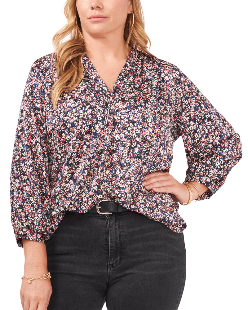 Front of a model wearing a size 1X Genesis Three Quarter Sleeve Blouse in CARMINE PINK by Vince Camuto. | dia_product_style_image_id:261220